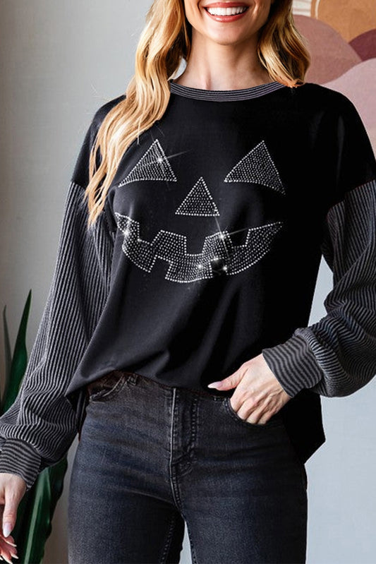 Black Halloween Rhinestone Pumpkin Face Contrast Ribbed Long Sleeve Patchwork Top