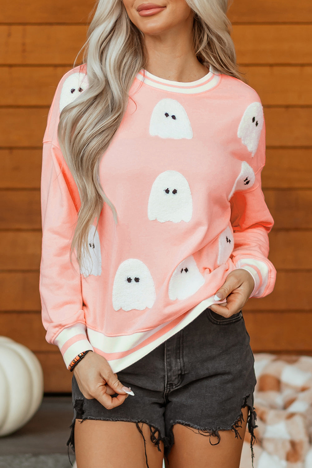 Gossamer Pink Halloween Terry Ghost Striped Trim Loose Sweatshirt