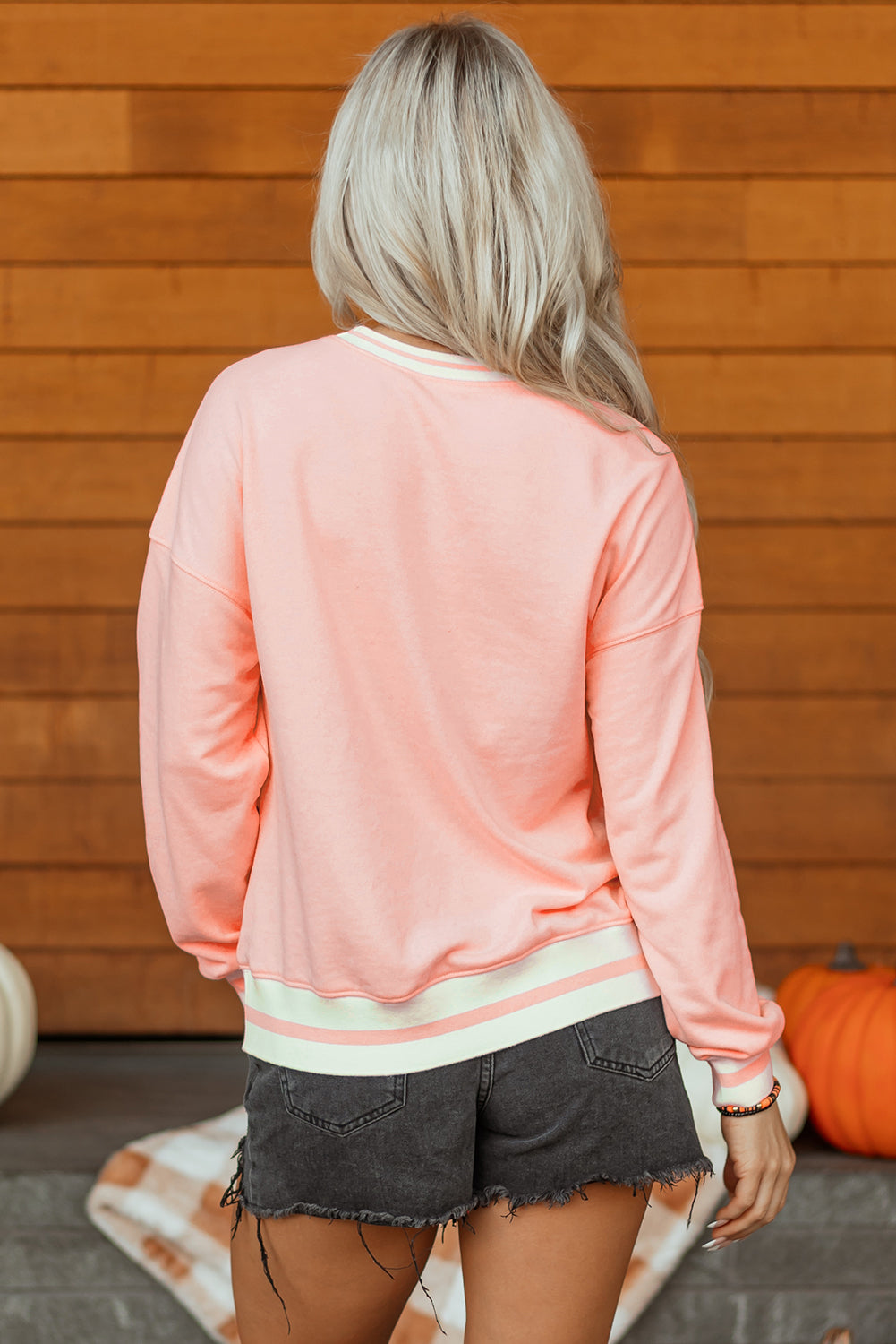 Gossamer Pink Halloween Terry Ghost Striped Trim Loose Sweatshirt