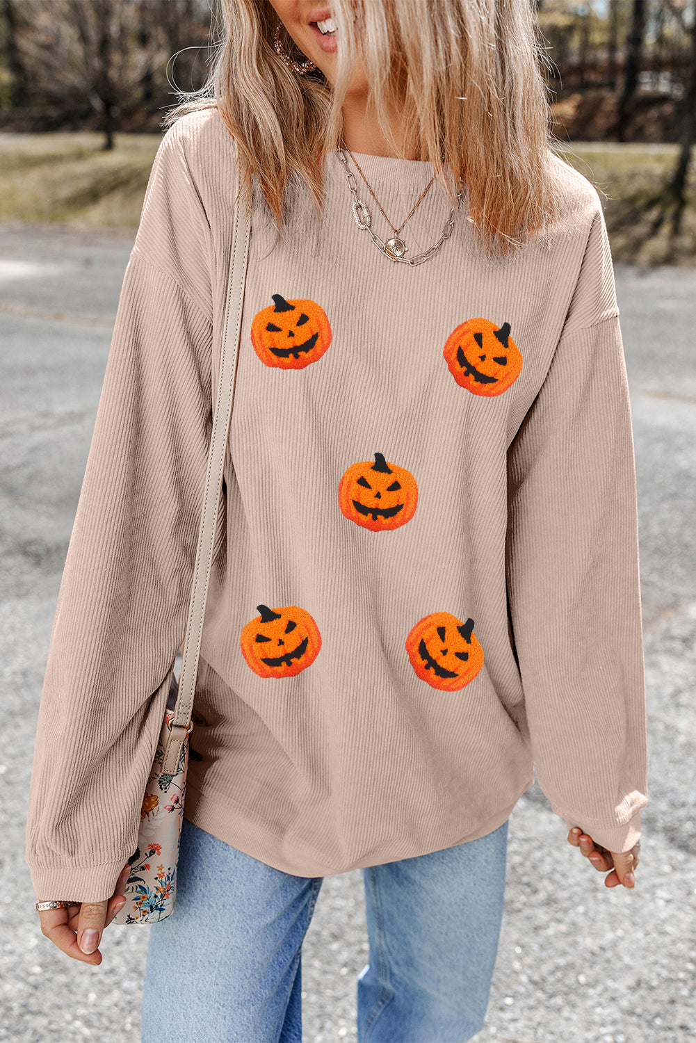 Apricot Twisted Rib Texture Chenille Halloween Pumpkin Patched Drop Shoulder Sweatshirt