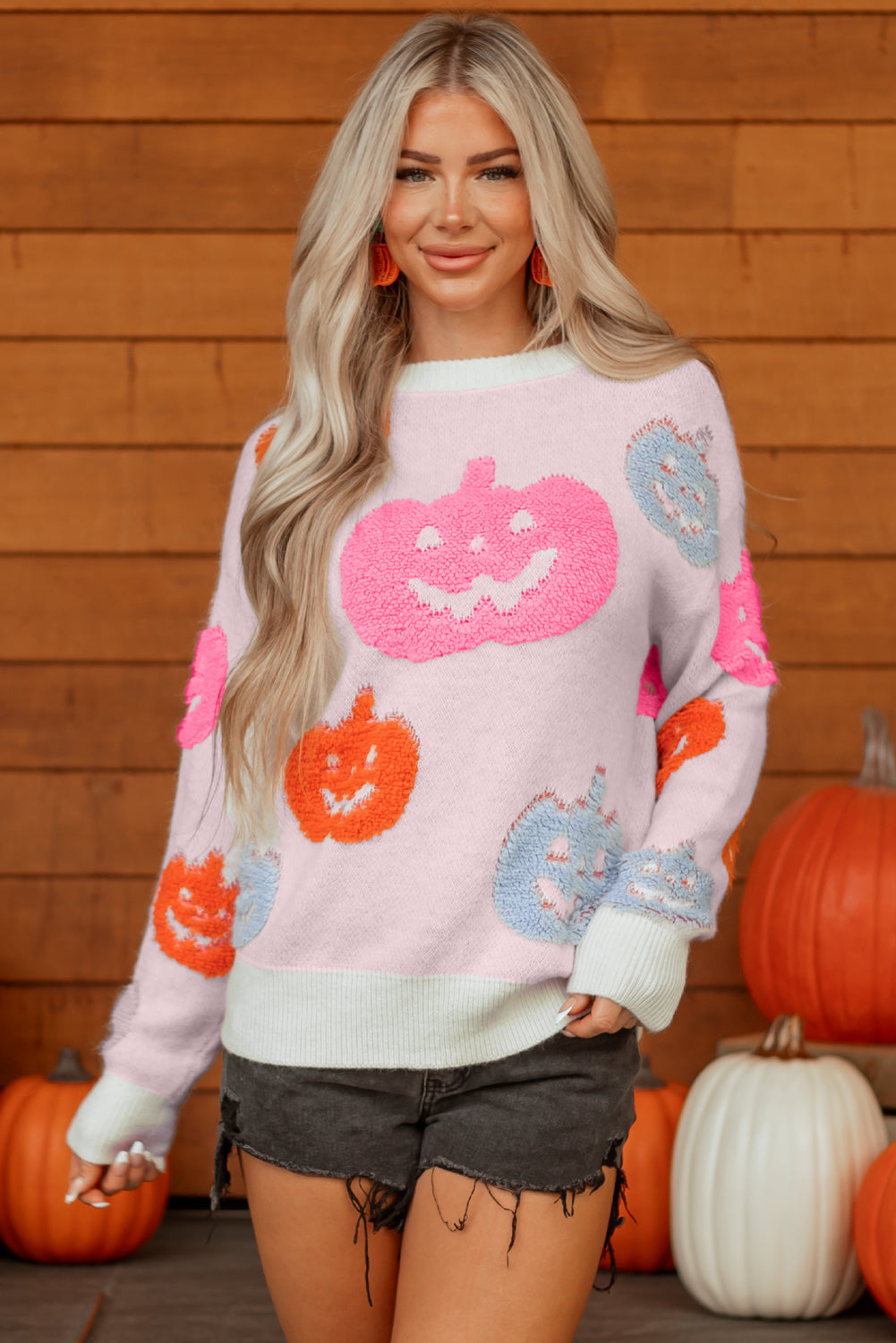 Beige Halloween Cute Pumpkin Pattern Sweater