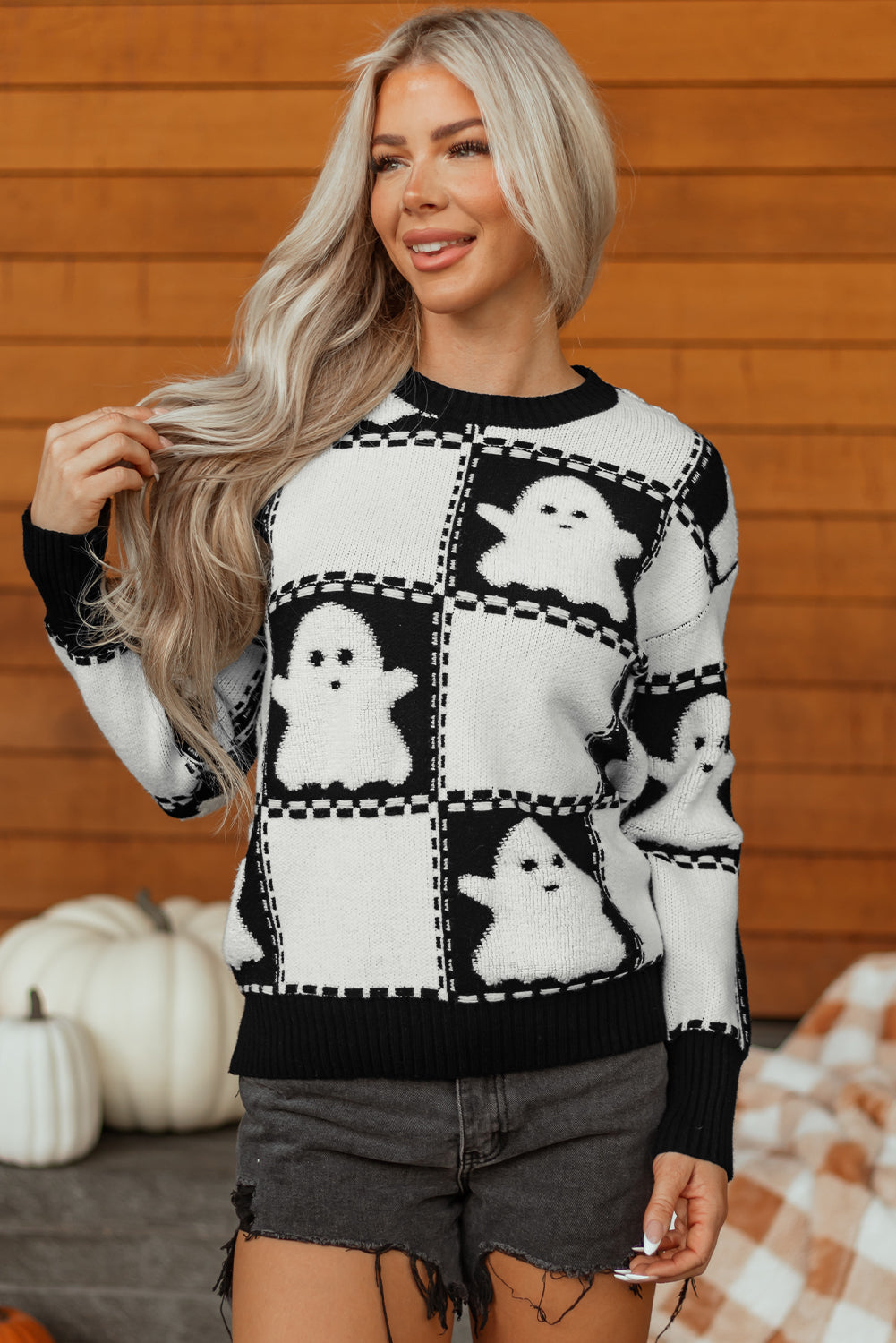 Black Halloween Ghost Checkered Drop Shoulder Sweater