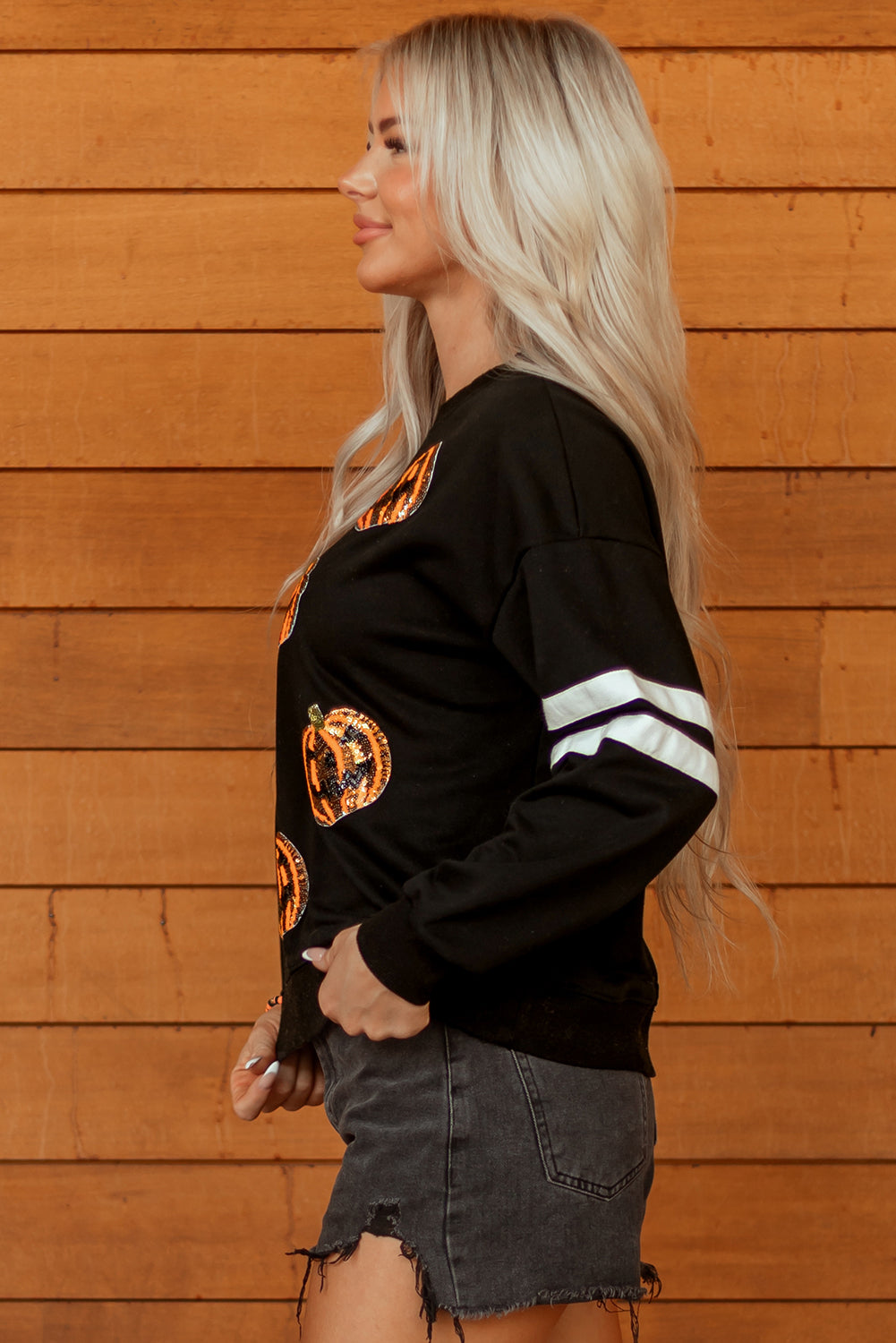 Black Halloween Pumpkin Face Sequin Patched Oversize Varsity Sweatshirt