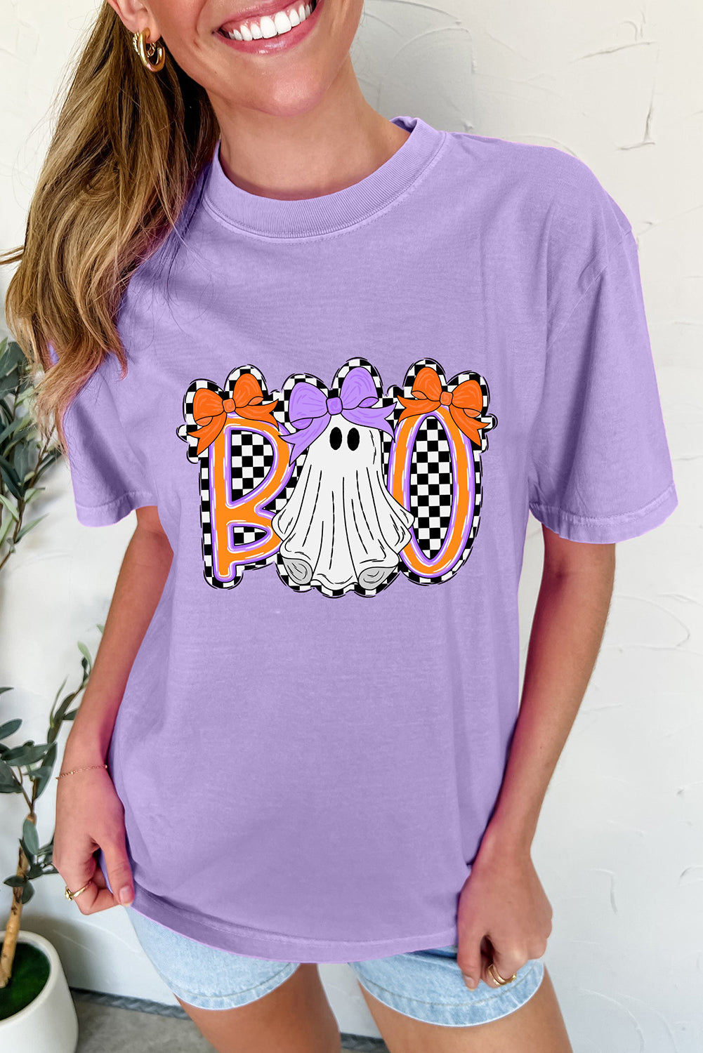 Wisteria Boo Checkered Bow Ghost Halloween Graphic Tee