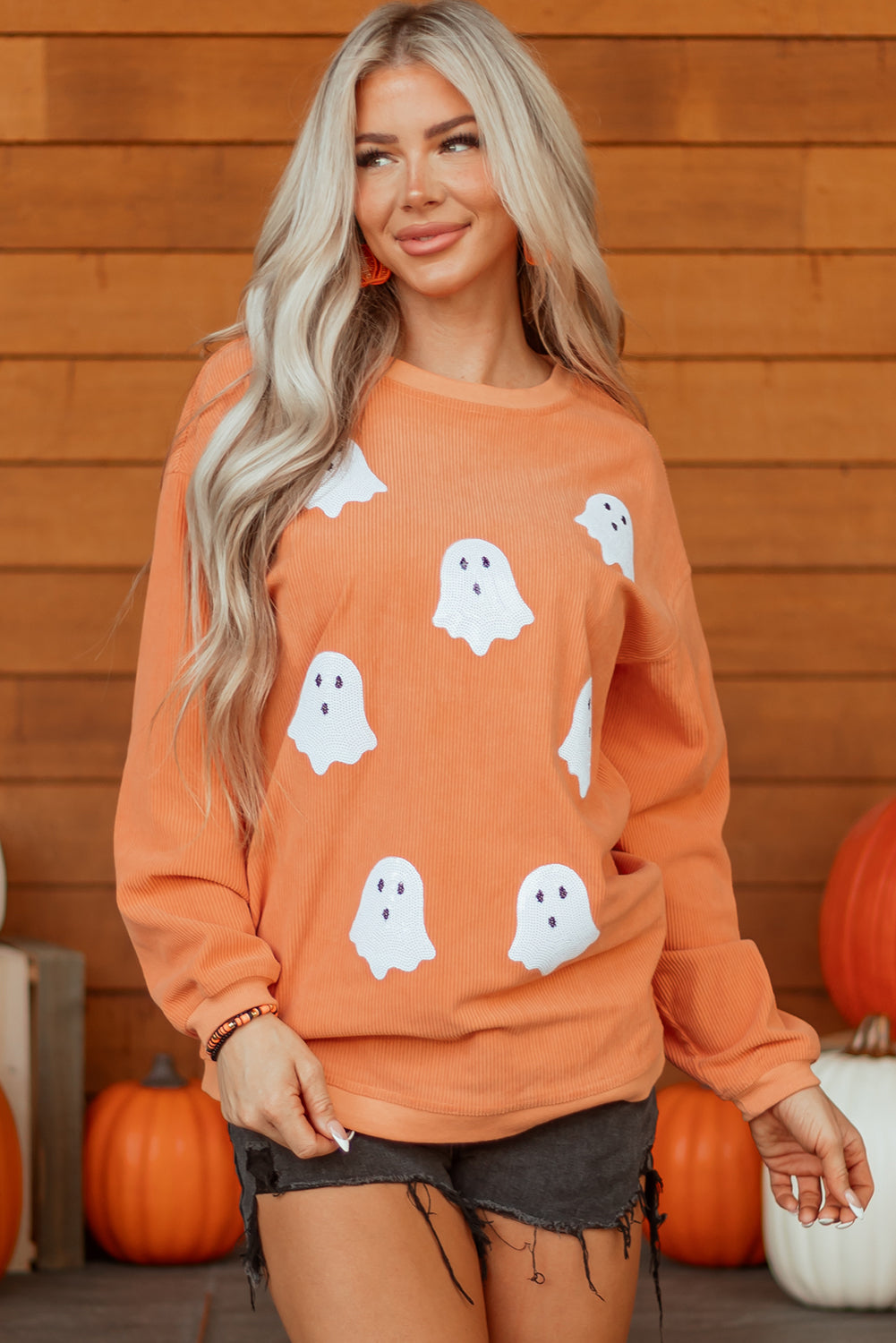 Orange Twisted Ribbed Texture Halloween Ghost Sequin Patched Sweatshirt
