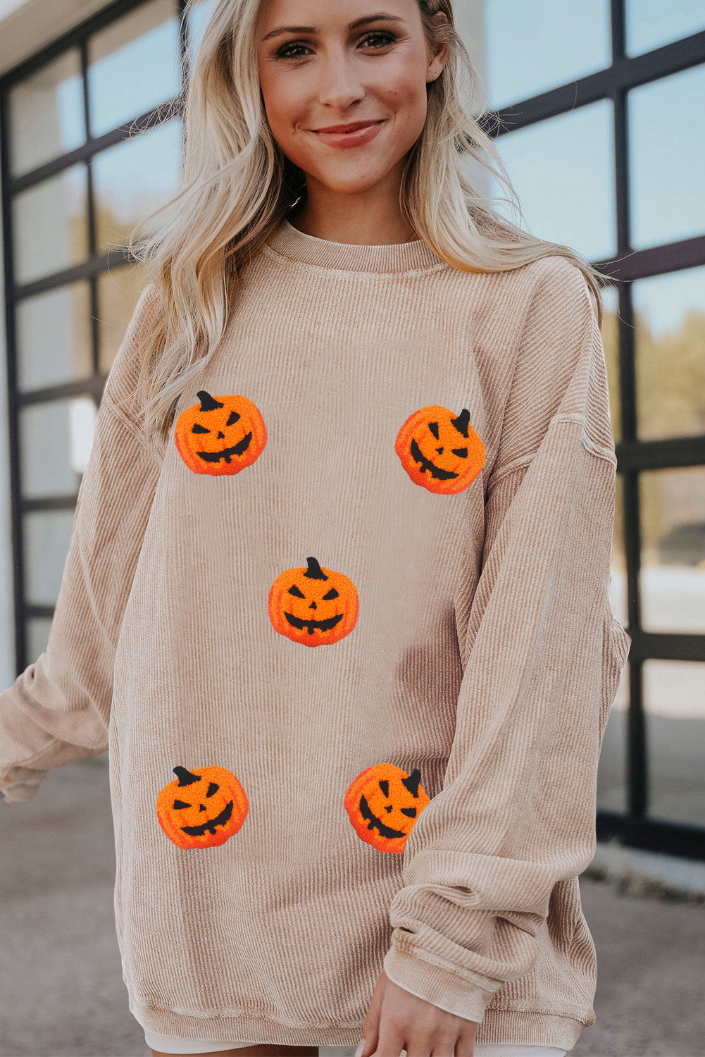 Apricot Twisted Rib Texture Chenille Halloween Pumpkin Patched Drop Shoulder Sweatshirt