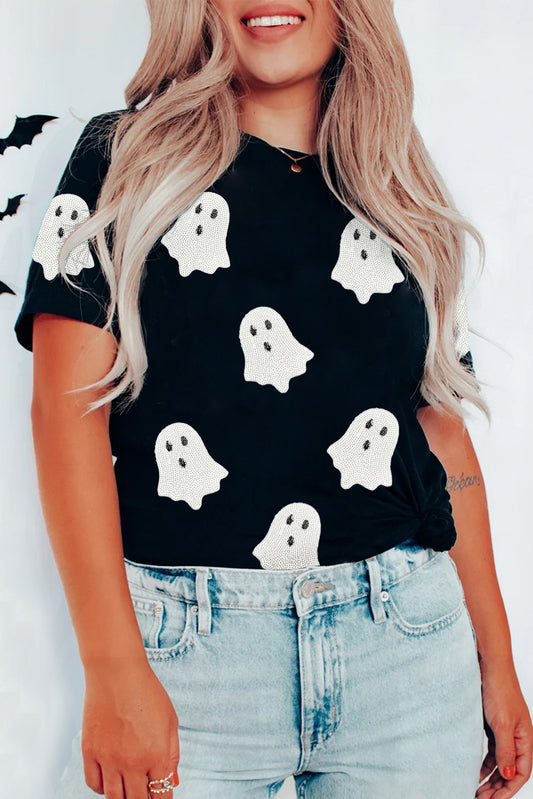 Black Sequin Halloween Ghost Patched Casual T Shirt
