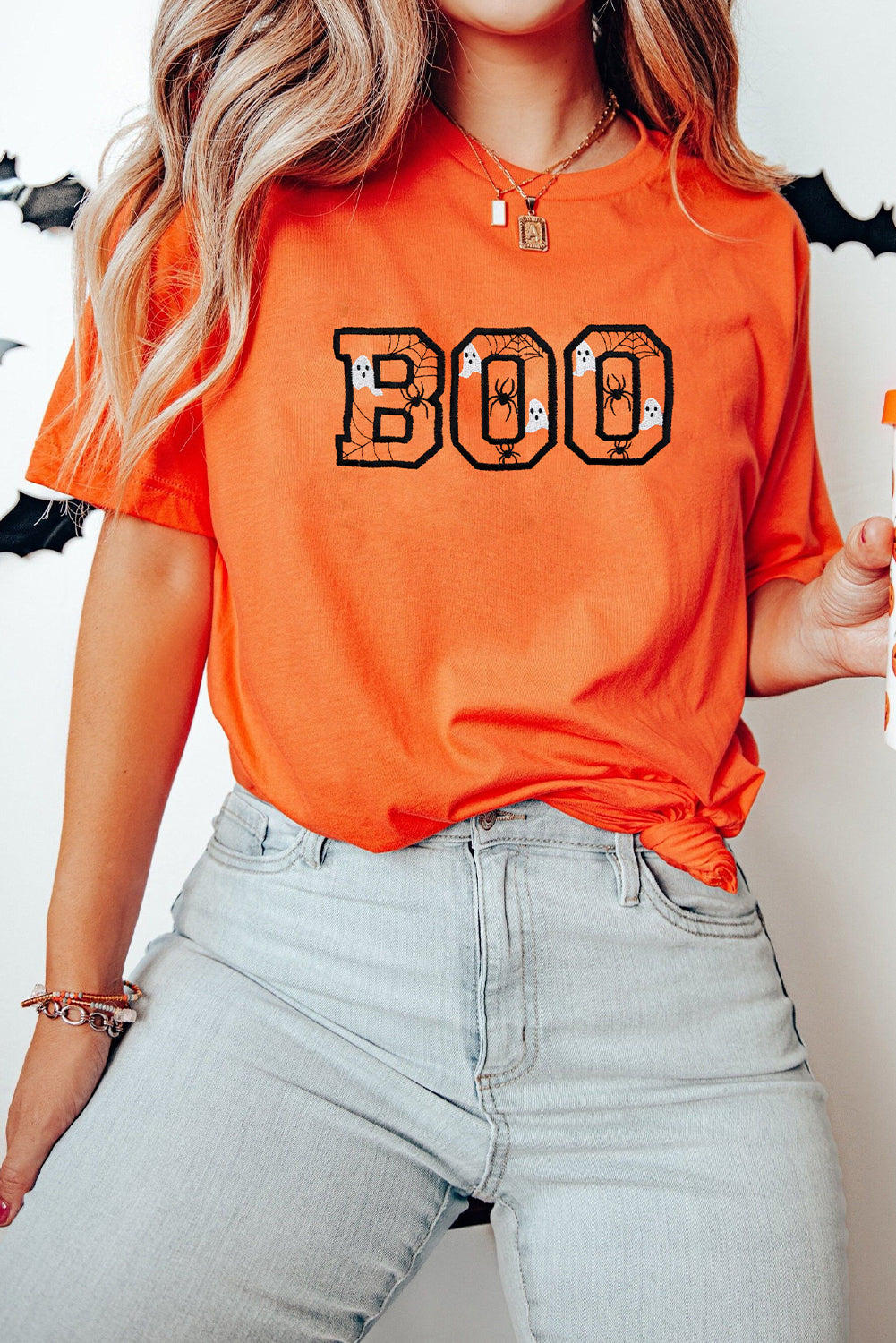Orange BOO Halloween Ghost Spider Embroidered Graphic Tee