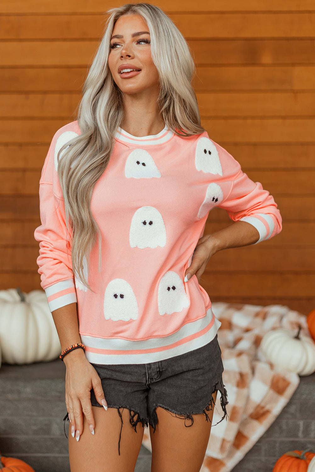 Gossamer Pink Halloween Terry Ghost Striped Trim Loose Sweatshirt